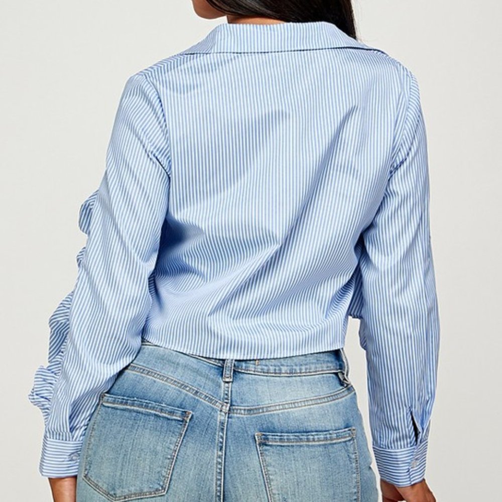 Striped Ruffle Sleeve Button Down Crop Top - Picture 2 of 3